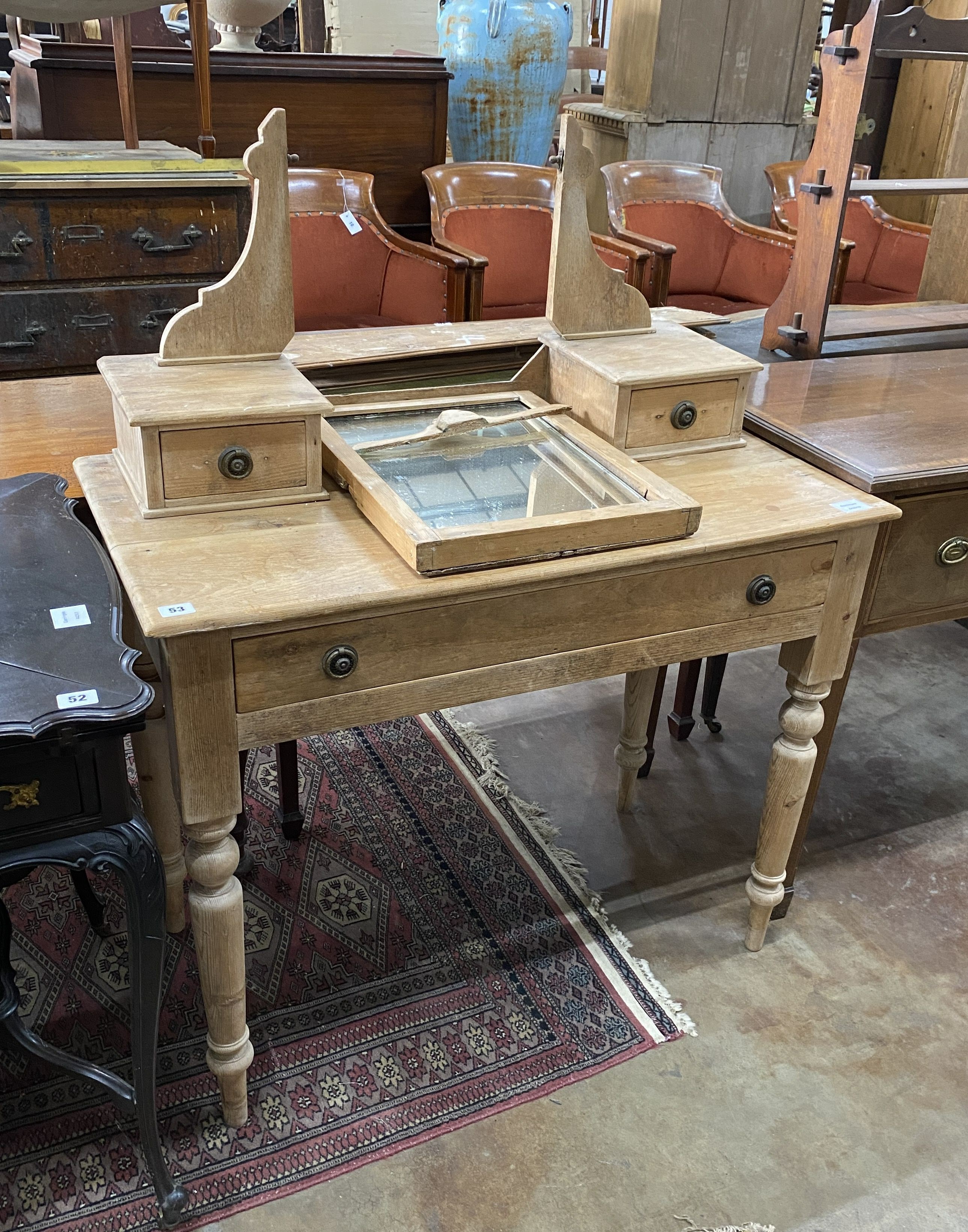 A Victorian pine dressing table, width 91cm, depth 47cm, height 130cm (mirror lacks fixings)